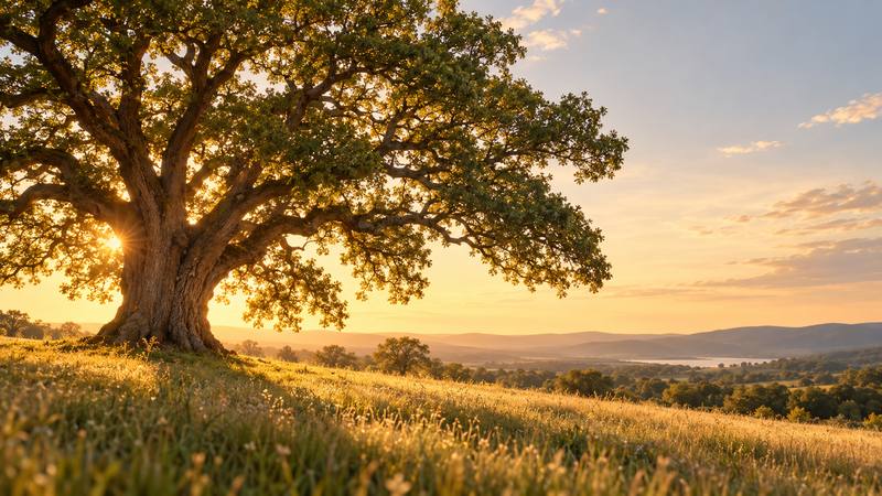 An oak in golden evening light over a wide meadow and distant water