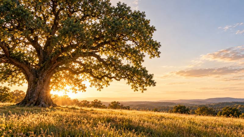 A lone old oak in a meadow of tall grass with the sun low behind its trunk