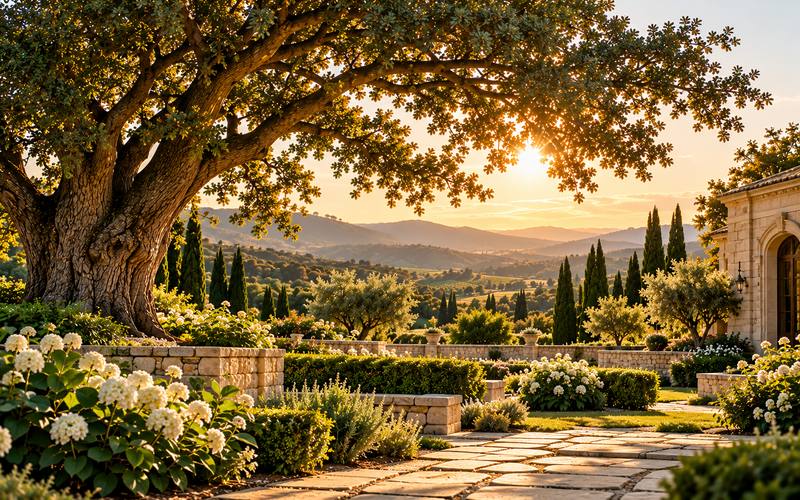 A spreading oak above a stone garden path, white hydrangeas and a villa doorway, with the valley beyond