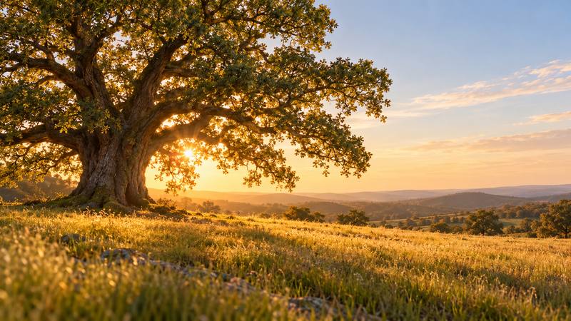 A broad oak on a grassy hillside at sunset, with hills fading into the distance