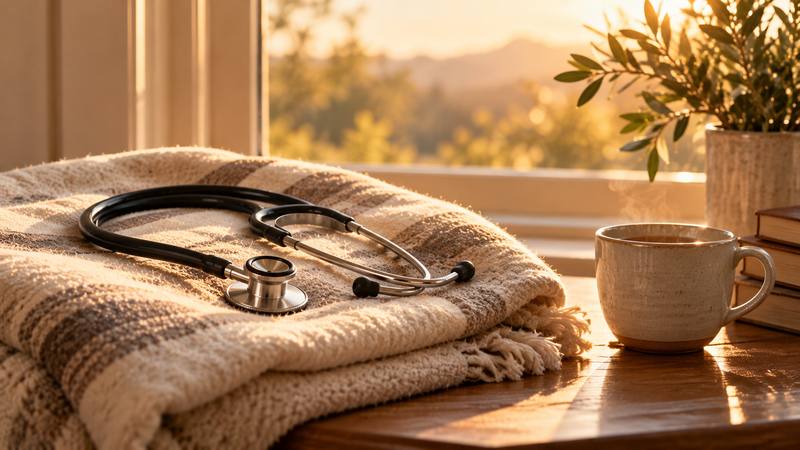 A stethoscope resting on a folded blanket beside a cup of tea by a sunlit window